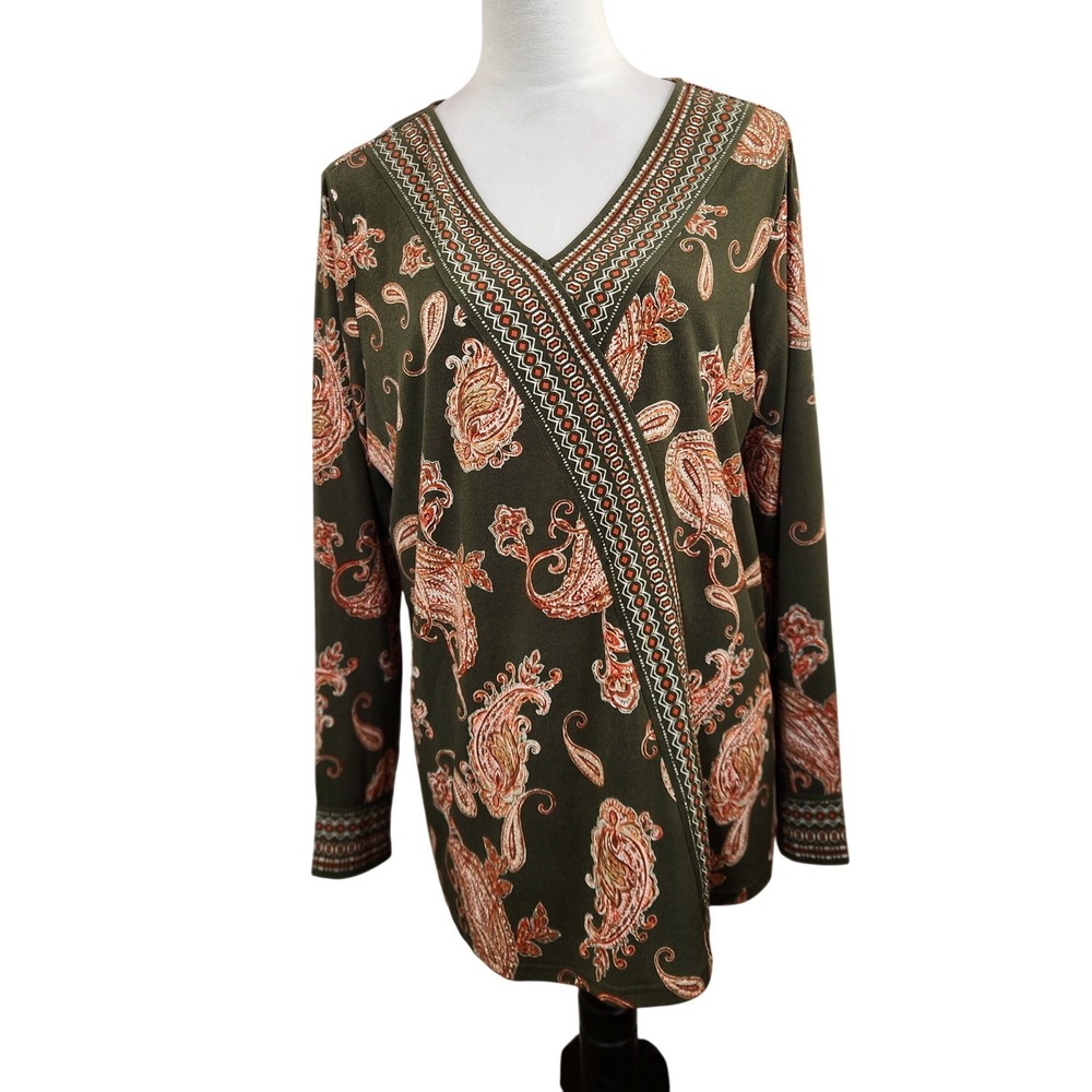 Belle Kim Gravel Women's Olive Green Paisley Print Long Sleeve V Neck Top Size L - Picture 9 of 9
